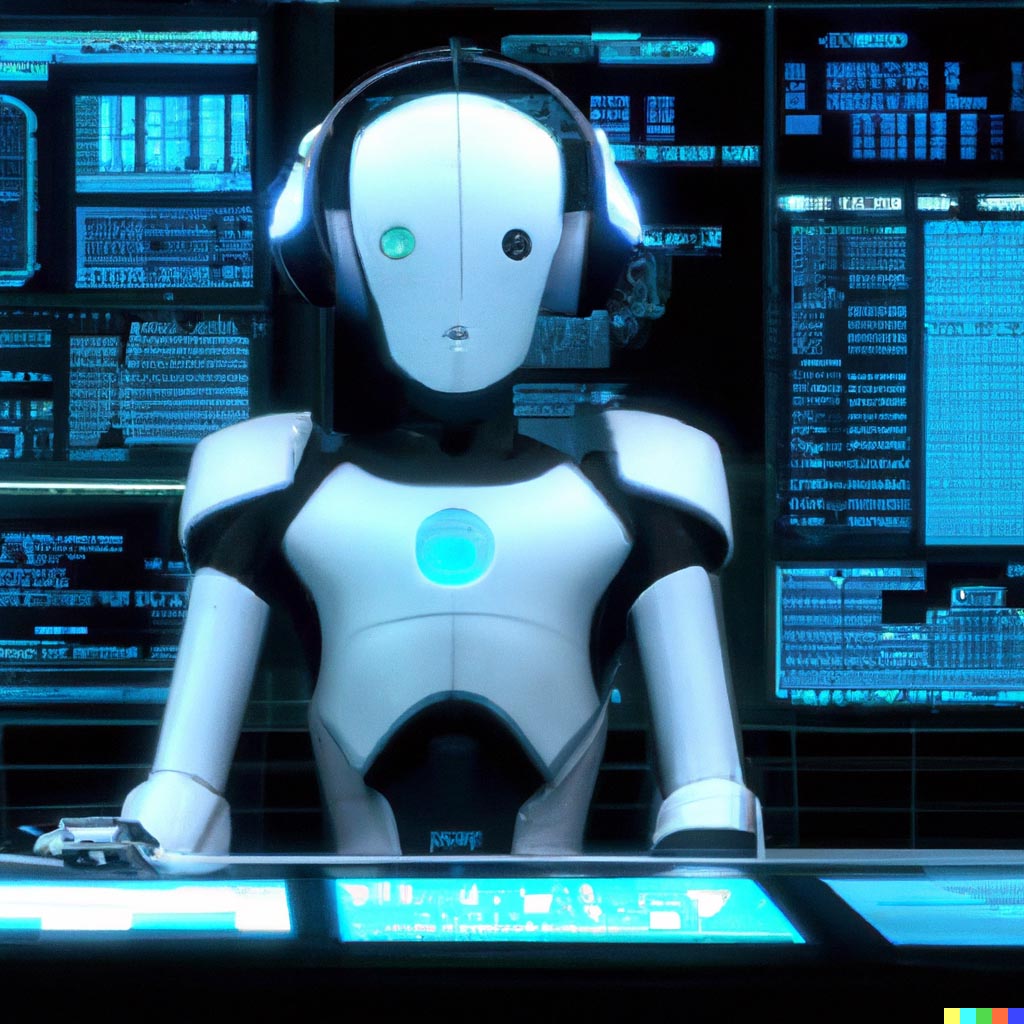 DALL·E prompt: A robot with big giant ears wearing headphones sitting in front of a floating data spreadsheet UI, TRON_ Legacy (2010)